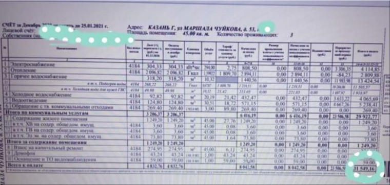 В Казани женщина показала счёт за услуги ЖКХ в размере 31 тыс рублей