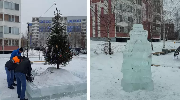 Дворы Нижнекамска украшают ледяными скульптурами к Новому году