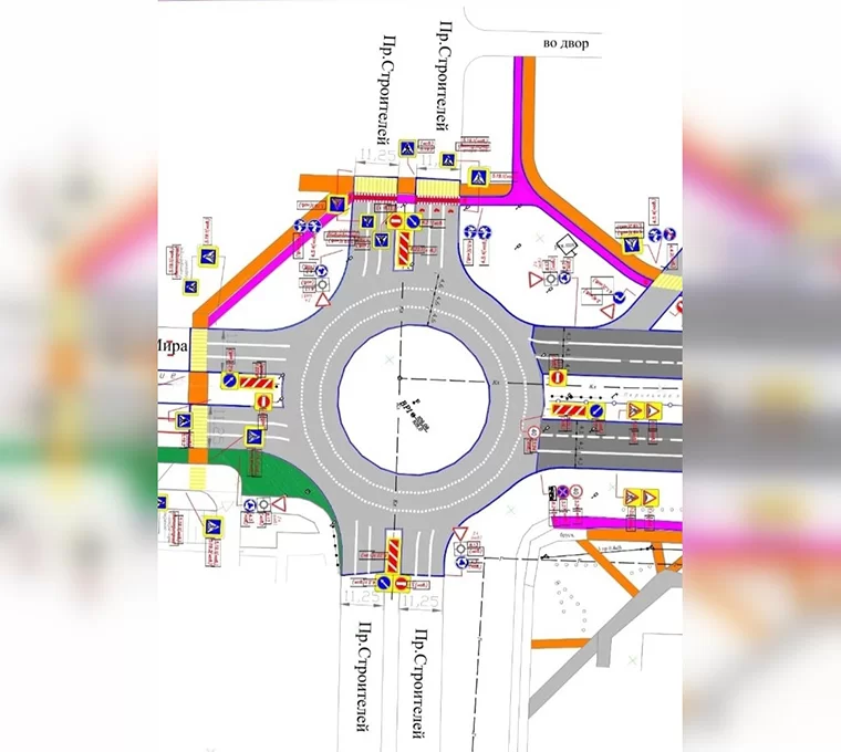 Схема движения транспорта на кольце пр. Строителей - пр. Мира // Фото: vk: Роман Булатов