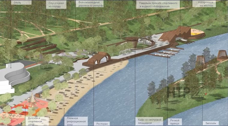 На набережной хотят создать рекреационную зону с детскими событийными площадками, ресторан, зиплайна, по которому можно будет переместиться на остров поблизости и причал для небольших судов